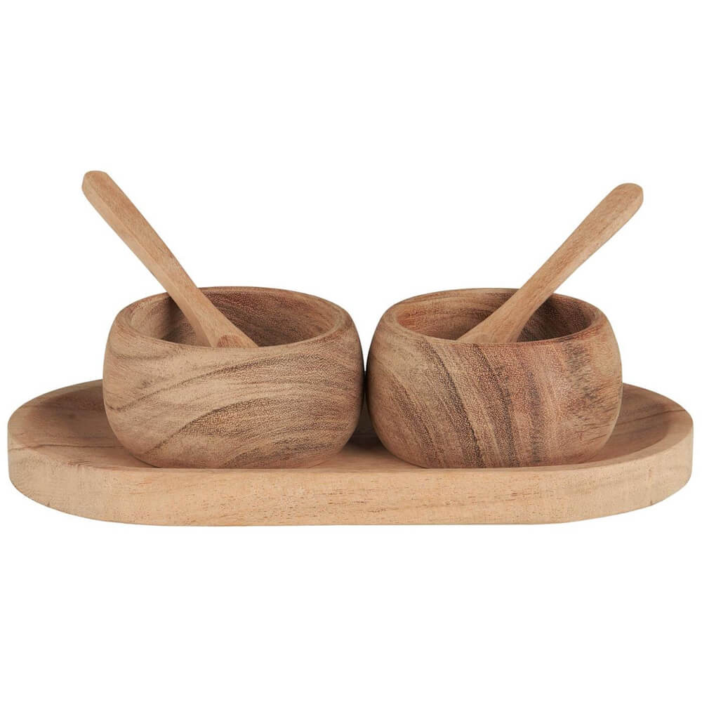 Serveringssæt i akacietræ med
bakke, 2 skåle og 2 skeer.